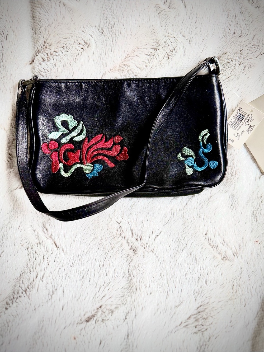 Armani Exchange Black Leather shoulder bad with Red, Teal and Mint Embroidery